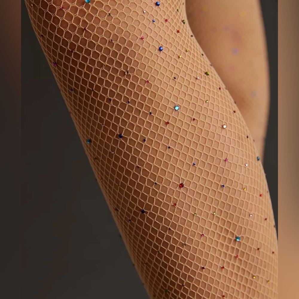 Flesh-colored tights. Size S-M. Fine mesh with glitter. Nylon + spandex, highly